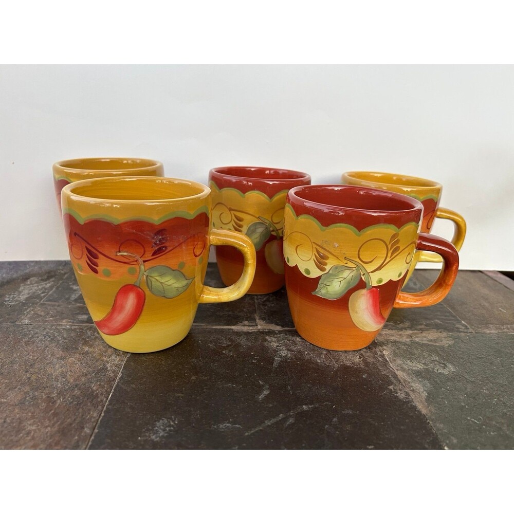 Set of 5 Laurie Gates Santa Fe Southwestern Chile Pepper Glossy Ceramic Mugs
